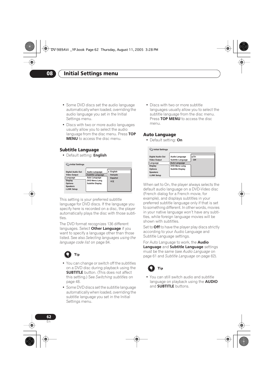 Subtitle language, Auto language, Initial settings menu 08 | Pioneer DV-989AVi-S User Manual | Page 62 / 96