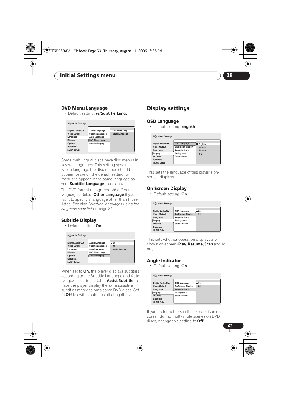 Dvd menu language, Subtitle display, Display settings | Osd language, On screen display, Angle indicator, Initial settings menu 08 | Pioneer DV-989AVi-S User Manual | Page 63 / 96