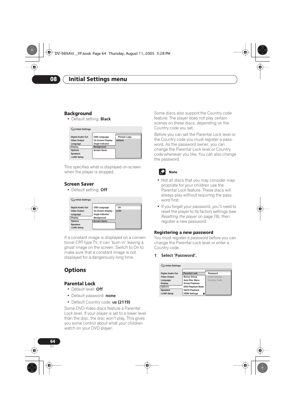 Background, Screen saver, Options | Parental lock, Initial settings menu 08 | Pioneer DV-989AVi-S User Manual | Page 64 / 96