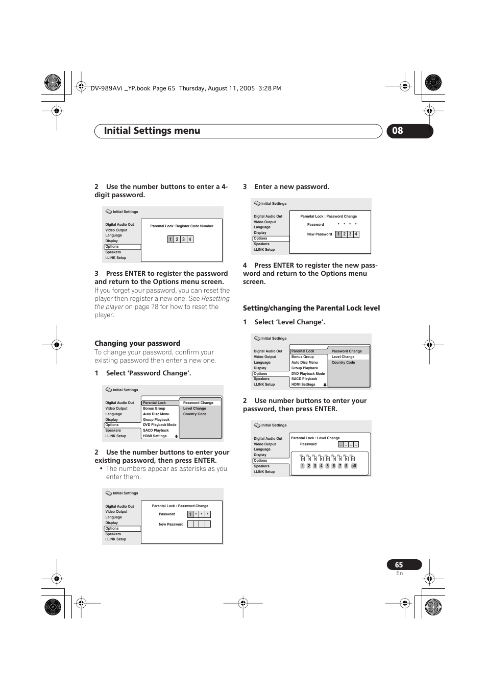 Initial settings menu 08, Changing your password, Setting/changing the parental lock level | Resetting the player, On page 78 for how to reset the player, The numbers appear as asterisks as you enter them | Pioneer DV-989AVi-S User Manual | Page 65 / 96