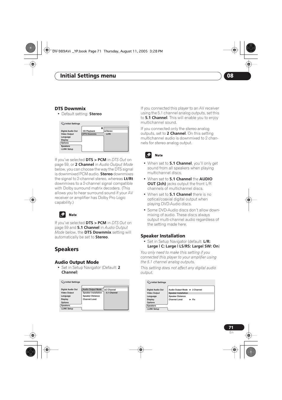 Dts downmix, Speakers, Audio output mode | Speaker installation, Initial settings menu 08 | Pioneer DV-989AVi-S User Manual | Page 71 / 96