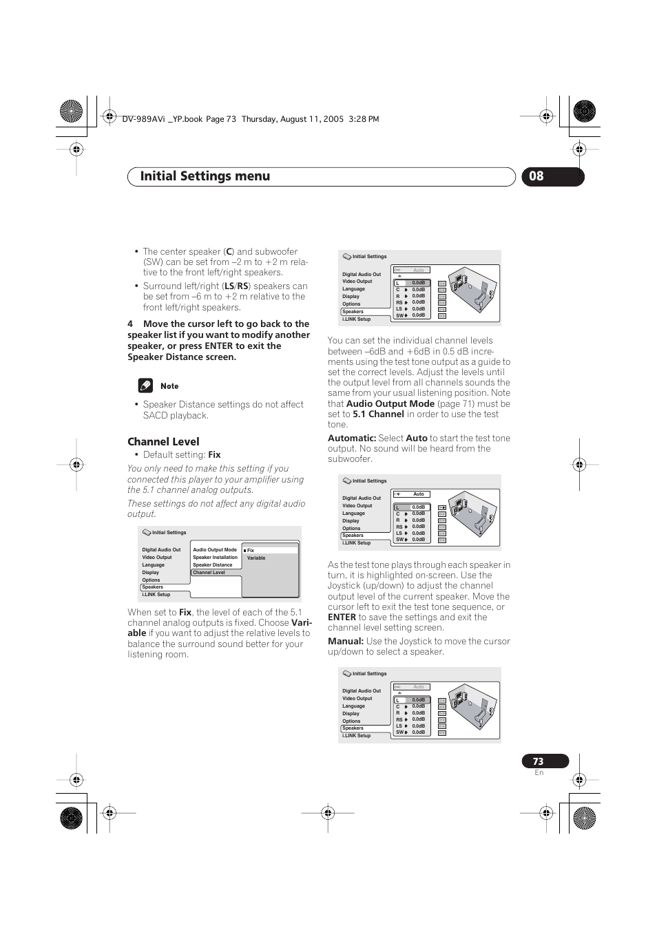 Channel level, Initial settings menu 08 | Pioneer DV-989AVi-S User Manual | Page 73 / 96