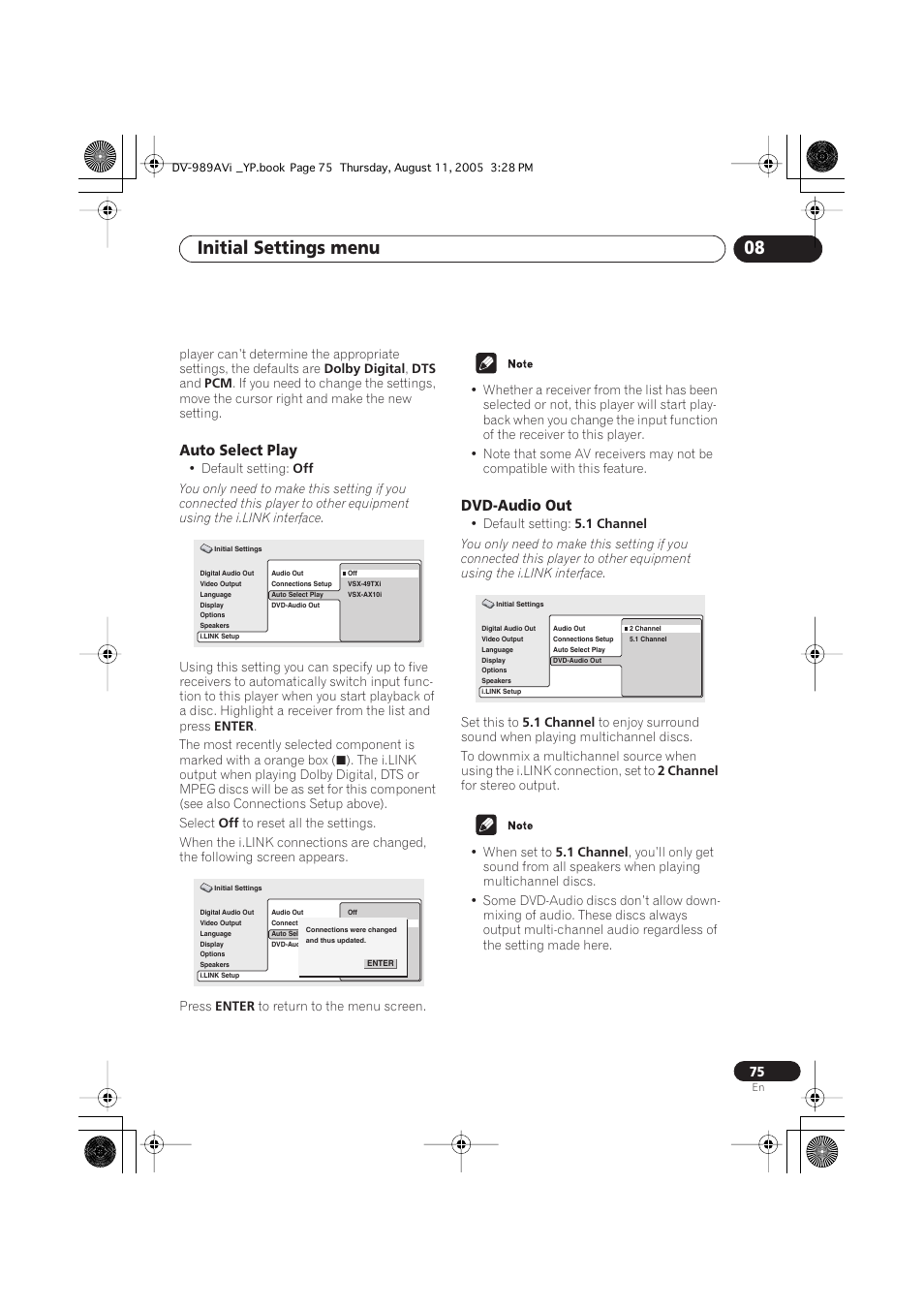 Auto select play, Dvd-audio out, Initial settings menu 08 | Pioneer DV-989AVi-S User Manual | Page 75 / 96