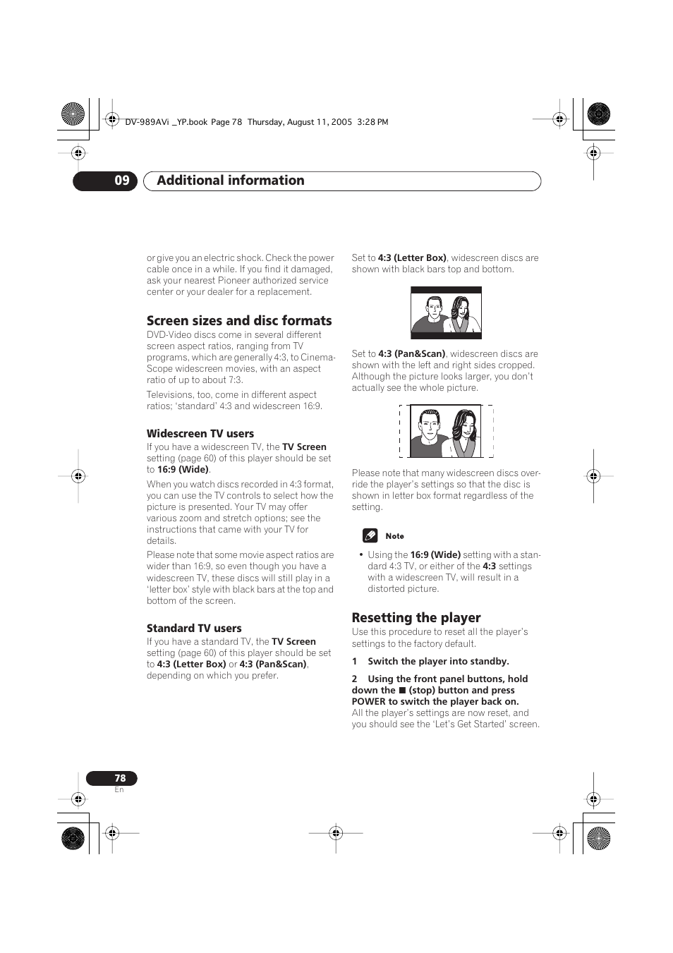 Screen sizes and disc formats, Widescreen tv users, Standard tv users | Resetting the player, Additional information 09 | Pioneer DV-989AVi-S User Manual | Page 78 / 96