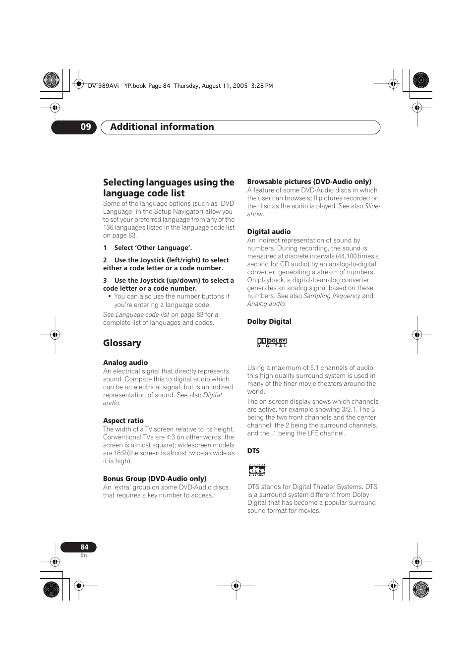 Selecting languages using the language code list, Glossary, Additional information 09 | Pioneer DV-989AVi-S User Manual | Page 84 / 96