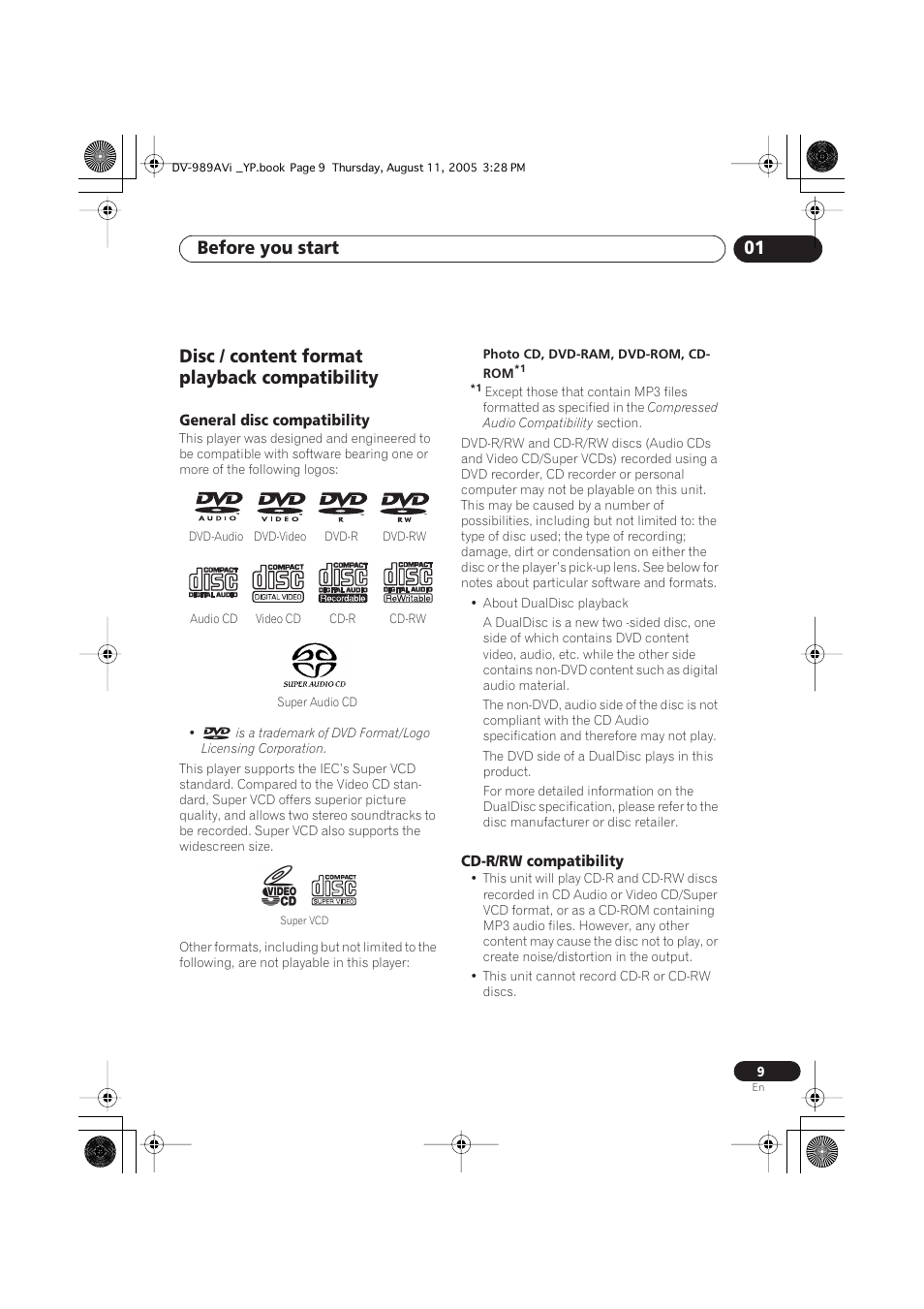 Disc / content format playback compatibility, General disc compatibility, Cd-r/rw compatibility | Before you start 01 | Pioneer DV-989AVi-S User Manual | Page 9 / 96
