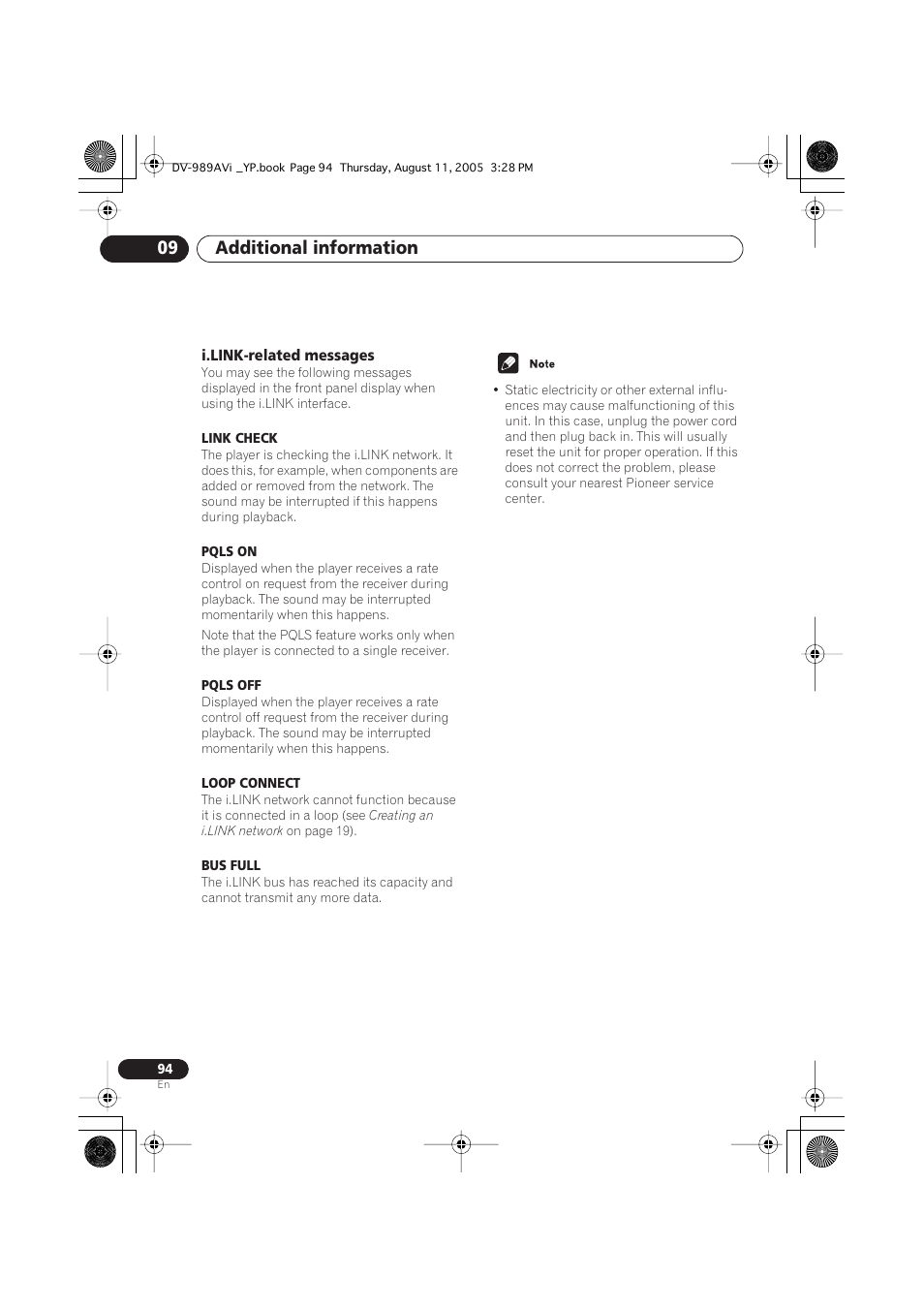 I.link-related messages, Additional information 09 | Pioneer DV-989AVi-S User Manual | Page 94 / 96