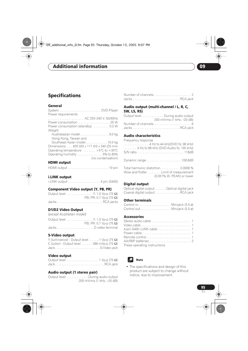 Specifications, Additional information 09 | Pioneer DV-989AVi-S User Manual | Page 95 / 96