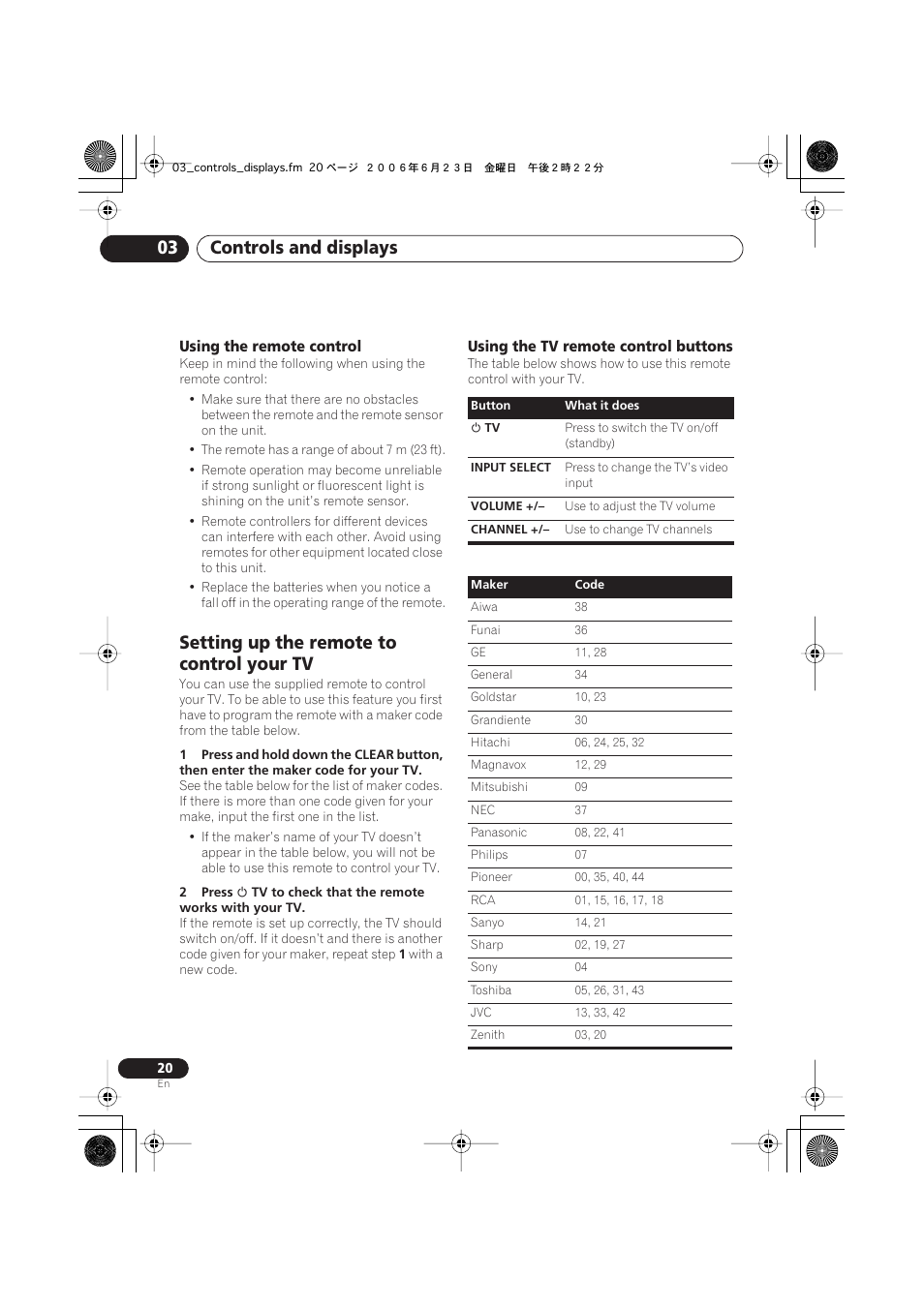 Setting up the remote to control your tv, Controls and displays 03 | Pioneer Elite DV-46AV User Manual | Page 20 / 64