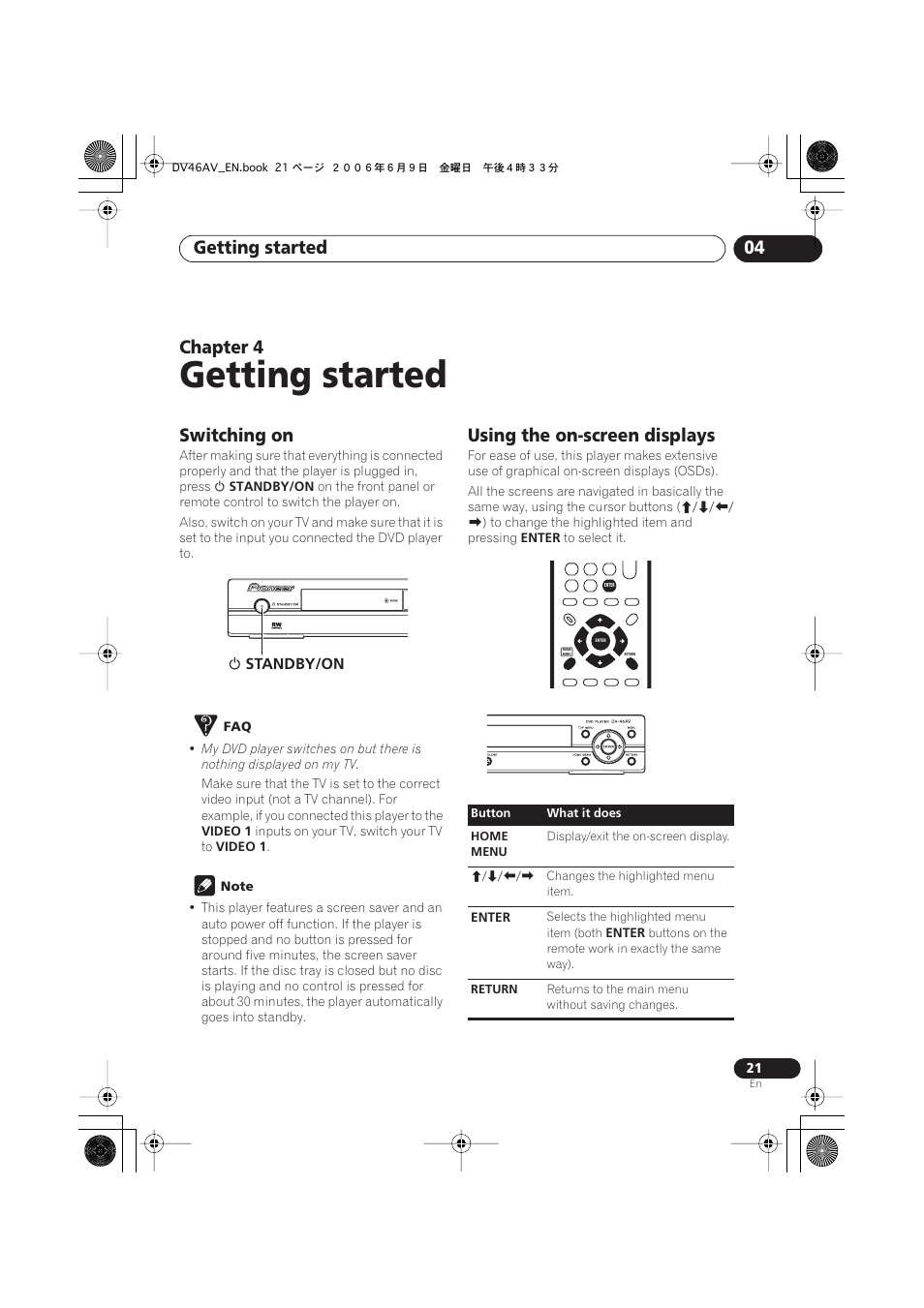 04 getting started, Switching on, Using the on-screen displays | Getting started, Getting started 04, Chapter 4 | Pioneer Elite DV-46AV User Manual | Page 21 / 64
