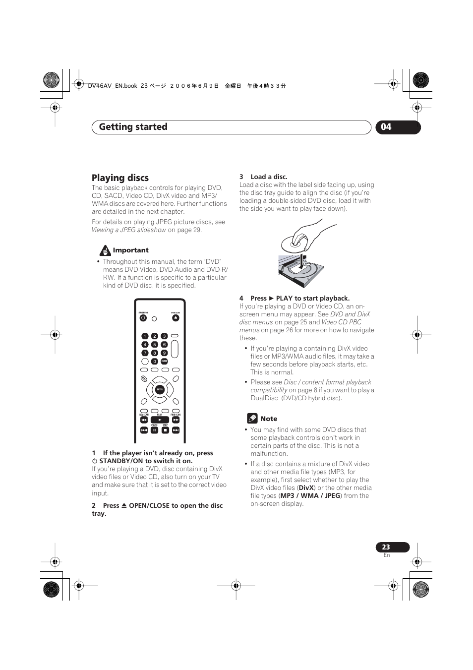 Playing discs, Getting started 04 | Pioneer Elite DV-46AV User Manual | Page 23 / 64