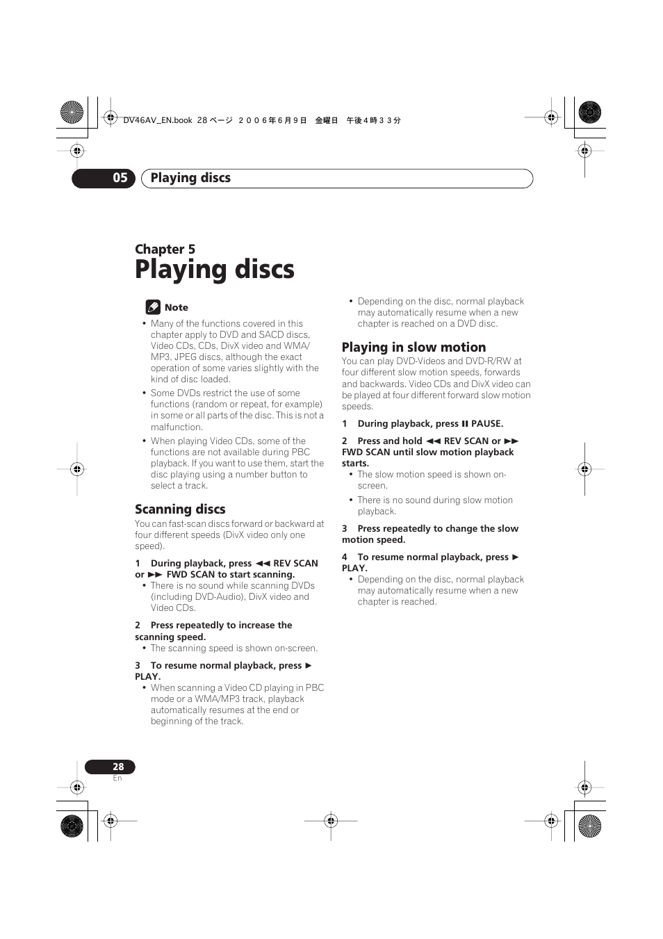 05 playing discs, Scanning discs, Playing in slow motion | Playing discs, Playing discs 05, Chapter 5 | Pioneer Elite DV-46AV User Manual | Page 28 / 64