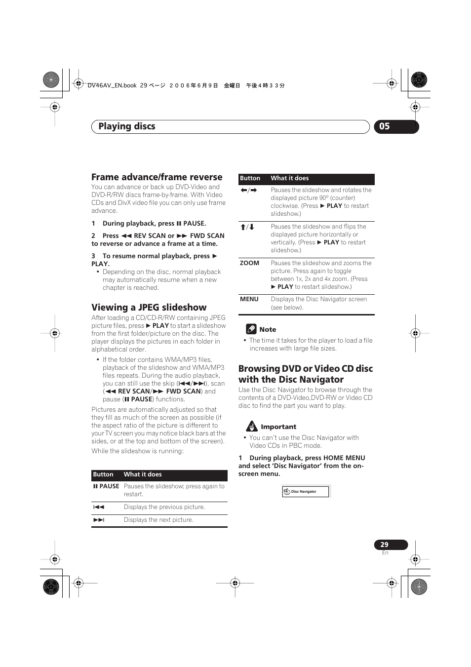 Frame advance/frame reverse, Viewing a jpeg slideshow, Playing discs 05 | Pioneer Elite DV-46AV User Manual | Page 29 / 64