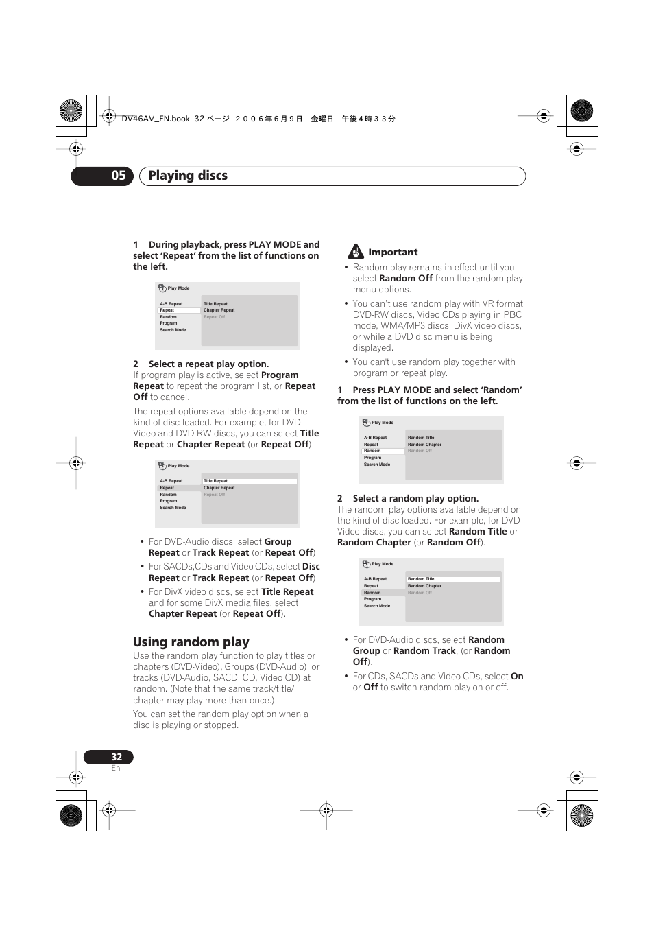 Using random play, Playing discs 05 | Pioneer Elite DV-46AV User Manual | Page 32 / 64