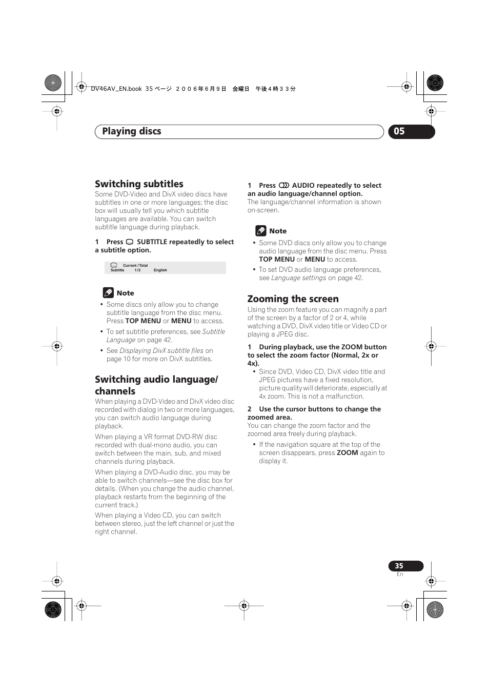 Switching subtitles, Switching audio language/channels, Zooming the screen | Playing discs 05, Switching audio language/ channels | Pioneer Elite DV-46AV User Manual | Page 35 / 64