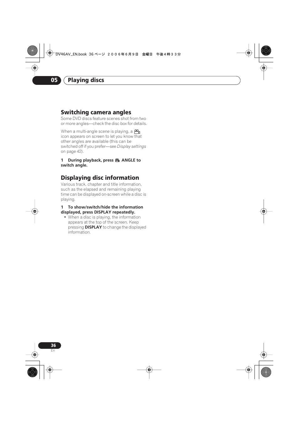 Switching camera angles, Displaying disc information, Playing discs 05 | Pioneer Elite DV-46AV User Manual | Page 36 / 64