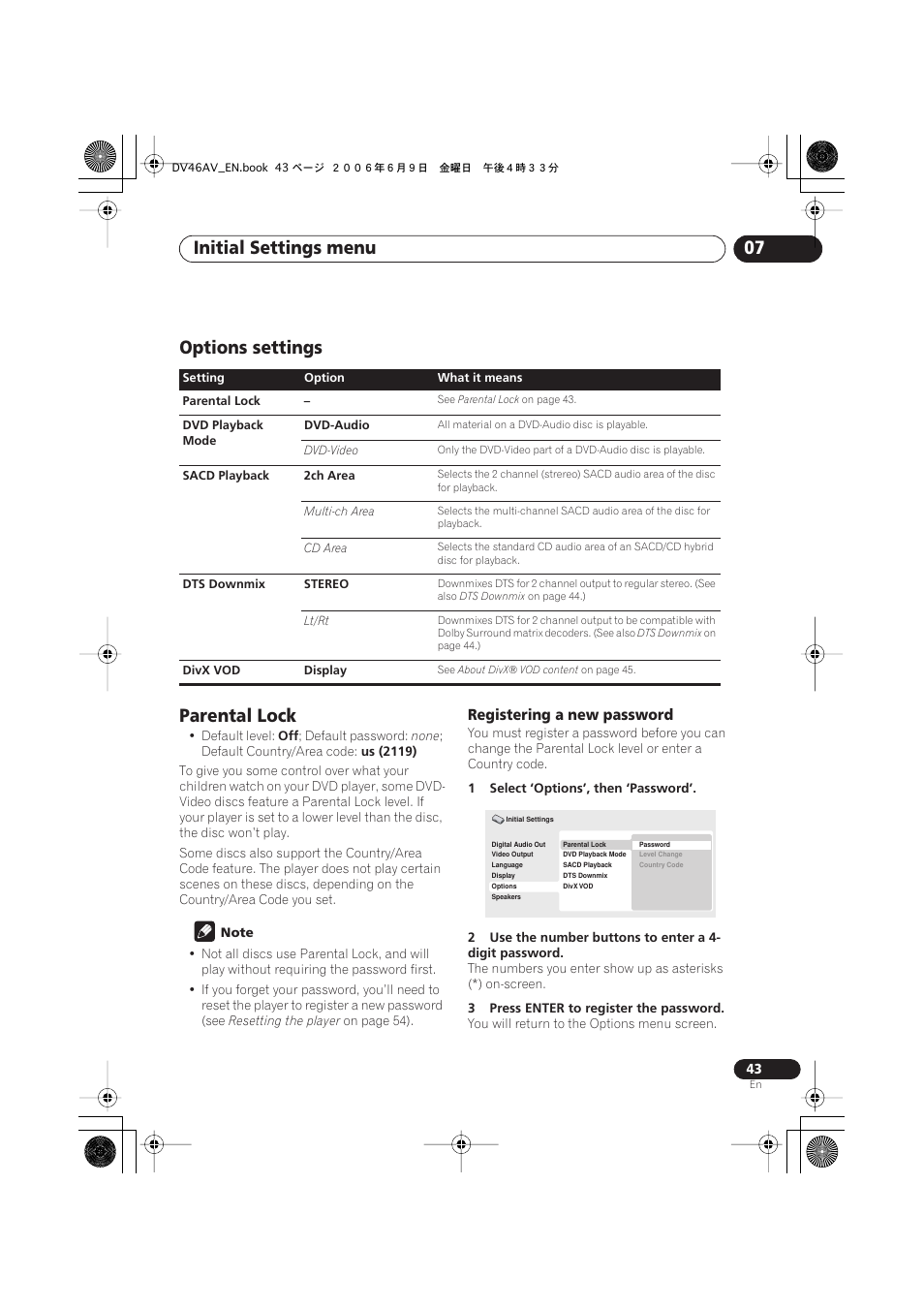 Options settings, Parental lock, Initial settings menu 07 | Options settings parental lock, Registering a new password | Pioneer Elite DV-46AV User Manual | Page 43 / 64