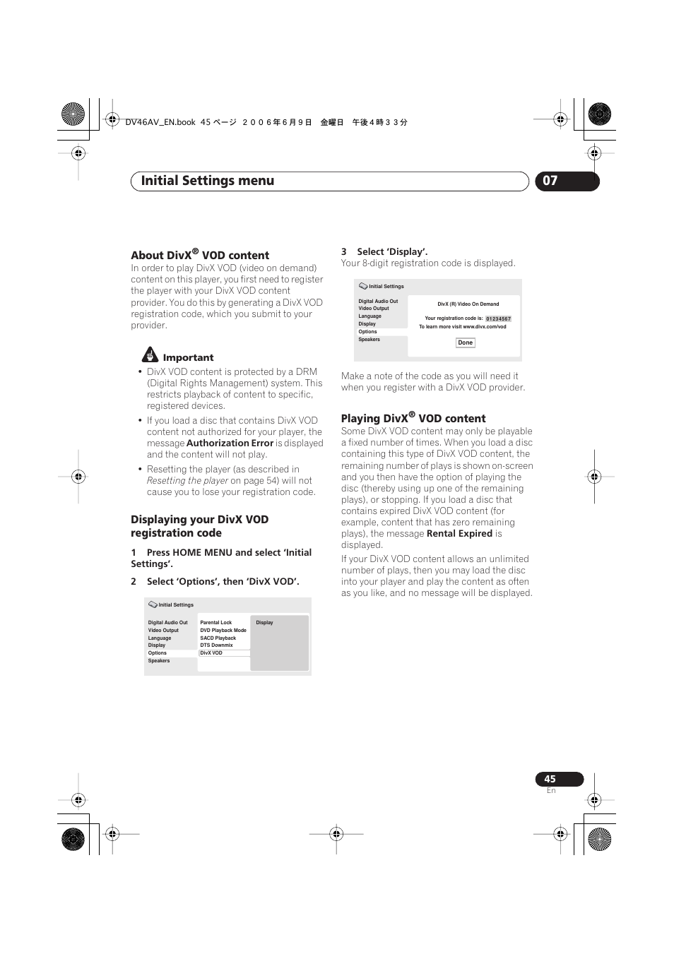 Initial settings menu 07, About divx, Vod content | Displaying your divx vod registration code, Playing divx | Pioneer Elite DV-46AV User Manual | Page 45 / 64
