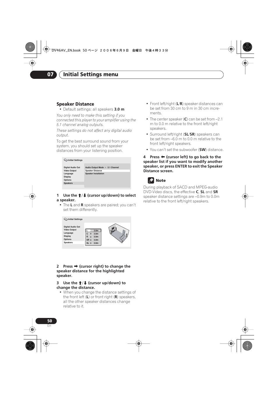Initial settings menu 07, Speaker distance | Pioneer Elite DV-46AV User Manual | Page 50 / 64