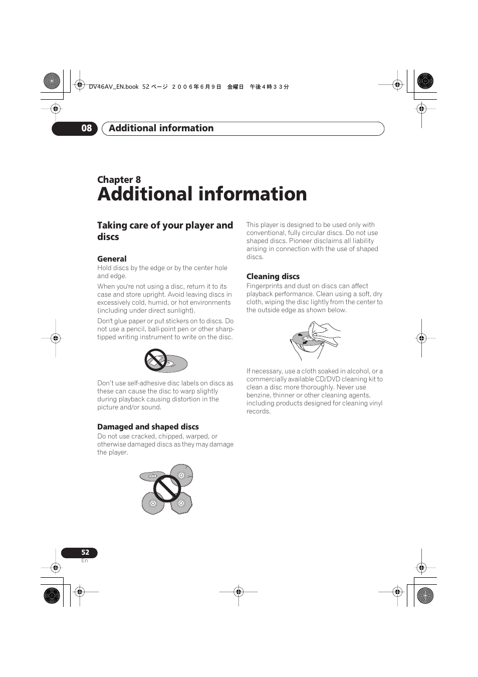 08 additional information, Taking care of your player and discs, Additional information | Pioneer Elite DV-46AV User Manual | Page 52 / 64