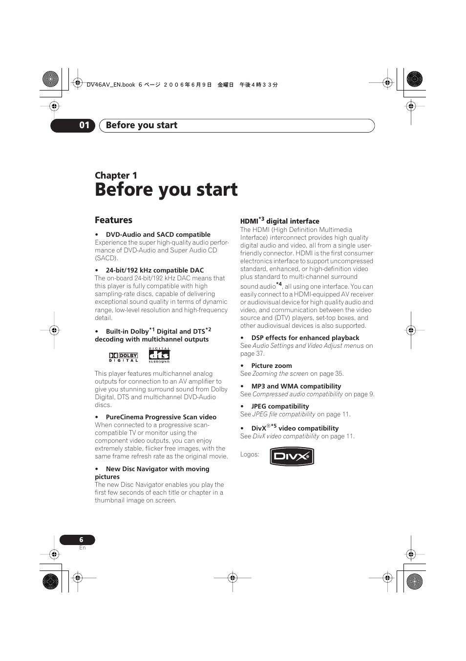 01 before you start, Features, Before you start | Before you start 01, Chapter 1 | Pioneer Elite DV-46AV User Manual | Page 6 / 64