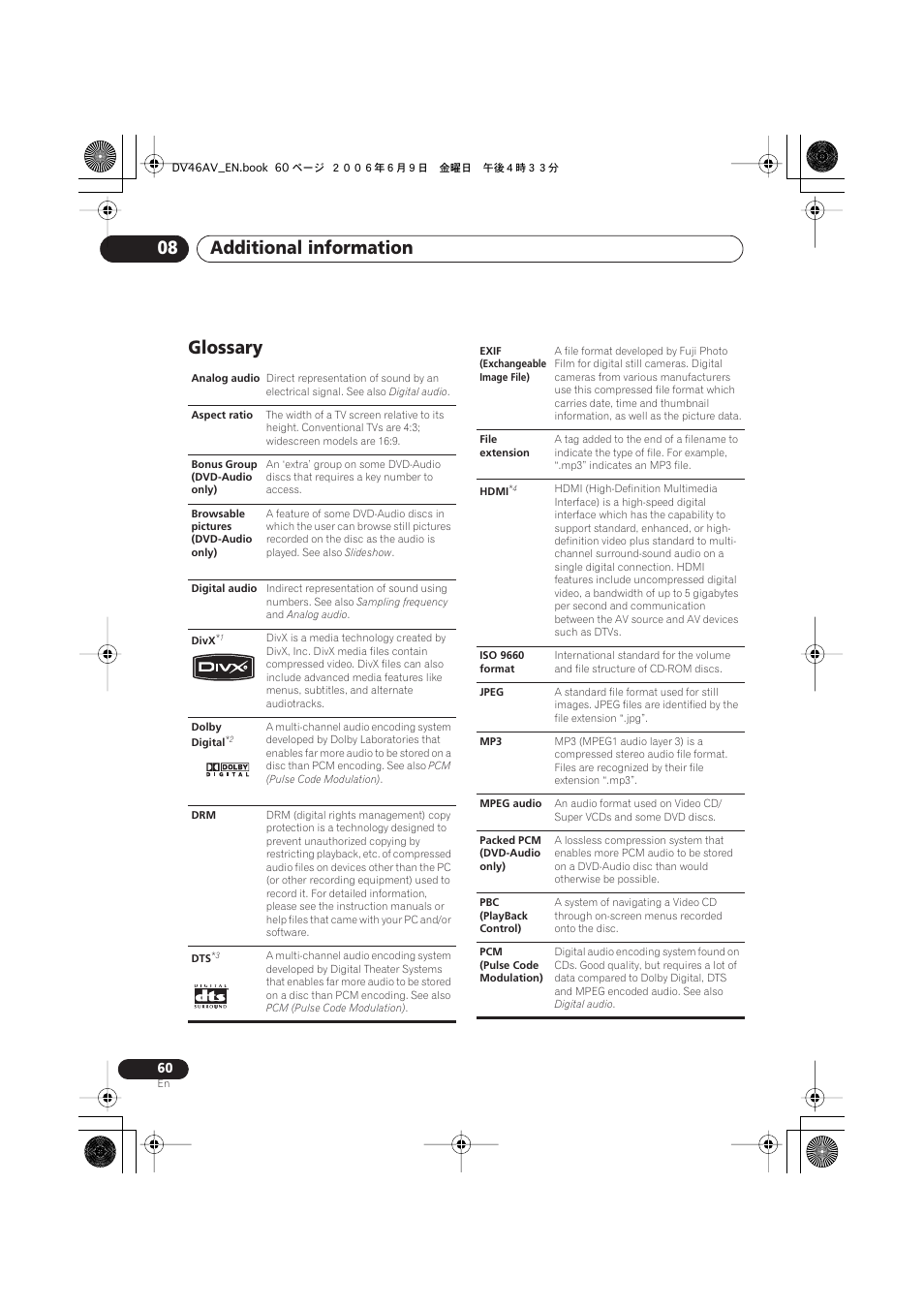 Glossary, Additional information 08 | Pioneer Elite DV-46AV User Manual | Page 60 / 64
