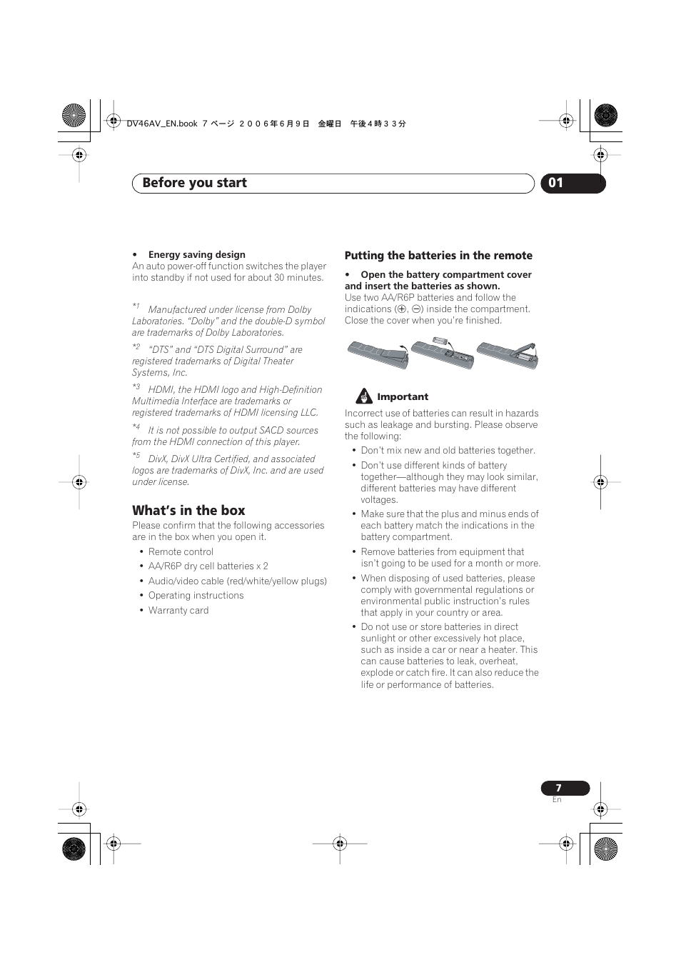 What’s in the box, Before you start 01 | Pioneer Elite DV-46AV User Manual | Page 7 / 64