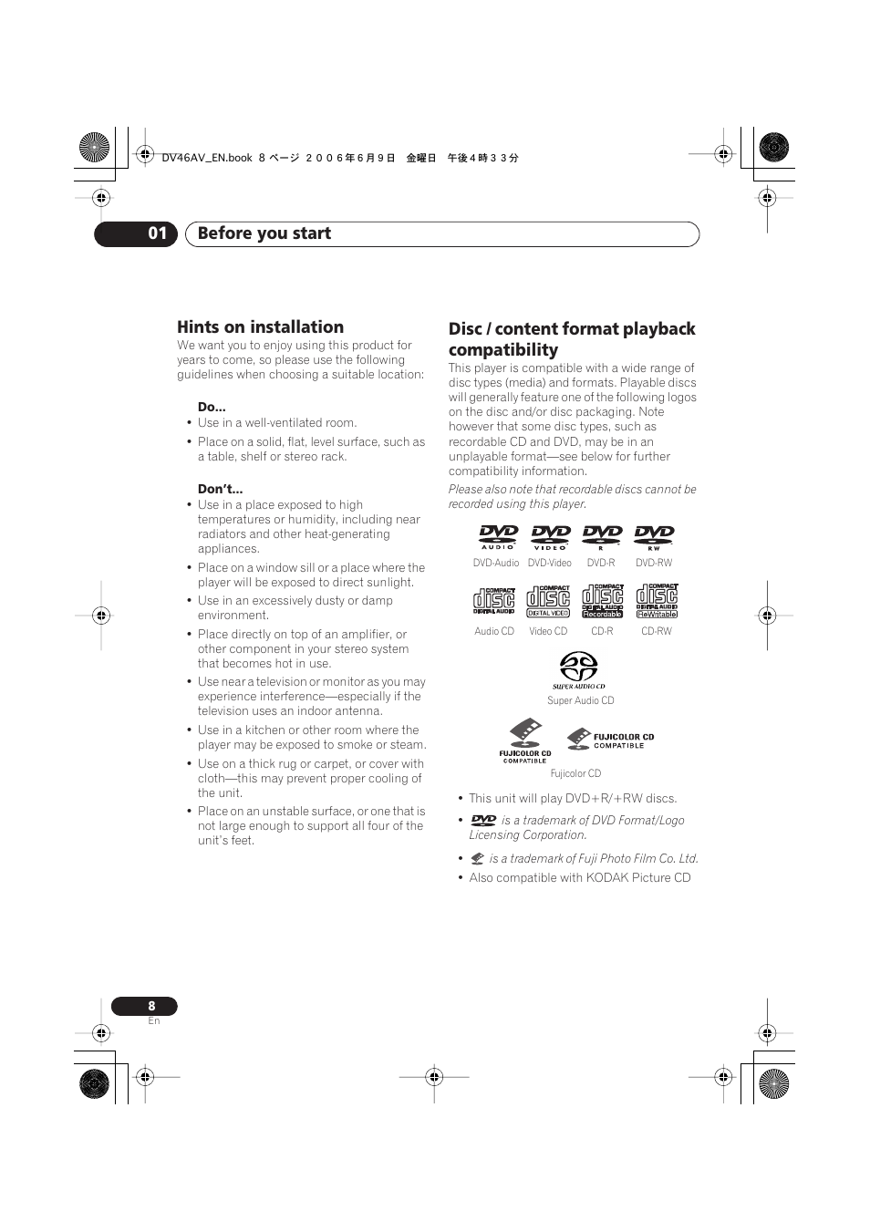 Hints on installation, Disc / content format playback compatibility, Before you start 01 | Pioneer Elite DV-46AV User Manual | Page 8 / 64
