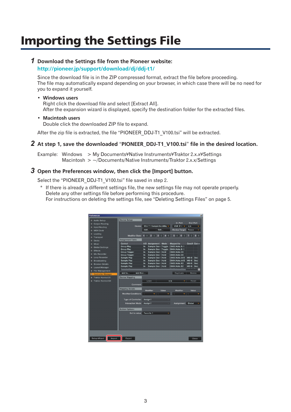 Importing the settings file | Pioneer TRAKTOR PRO 2 DDJ-T1 User Manual | Page 3 / 8