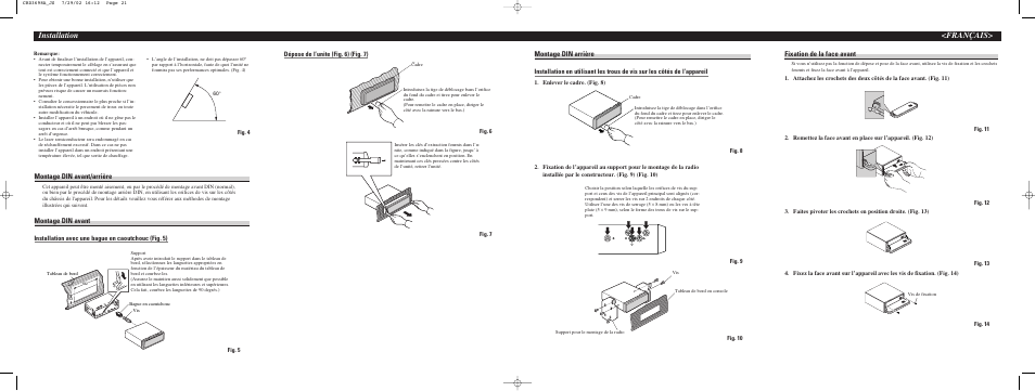 Installation <français, Montage din arrière, Montage din avant/arrière | Montage din avant, Fixation de la face avant | Pioneer Premier Car CD/Radio Player DEH-P350 User Manual | Page 6 / 8