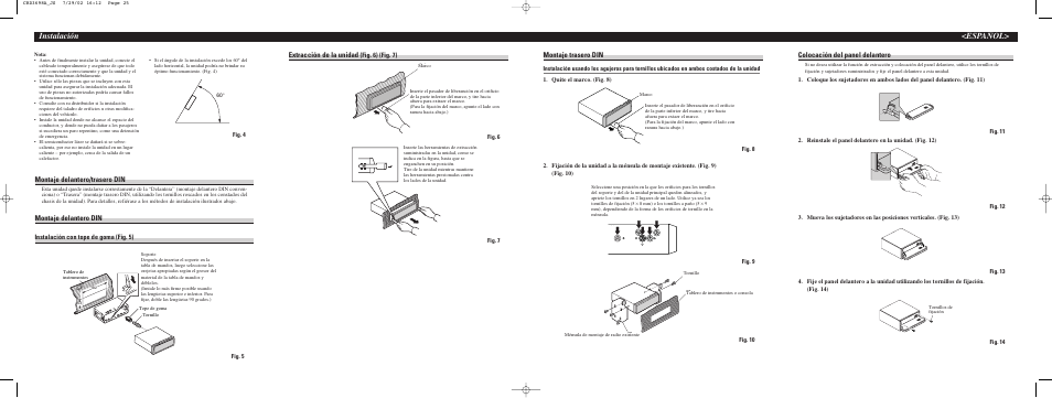 Instalación <español, Montaje trasero din, Extracción de la unidad | Montaje delantero/trasero din, Montaje delantero din, Colocación del panel delantero | Pioneer Premier Car CD/Radio Player DEH-P350 User Manual | Page 7 / 8