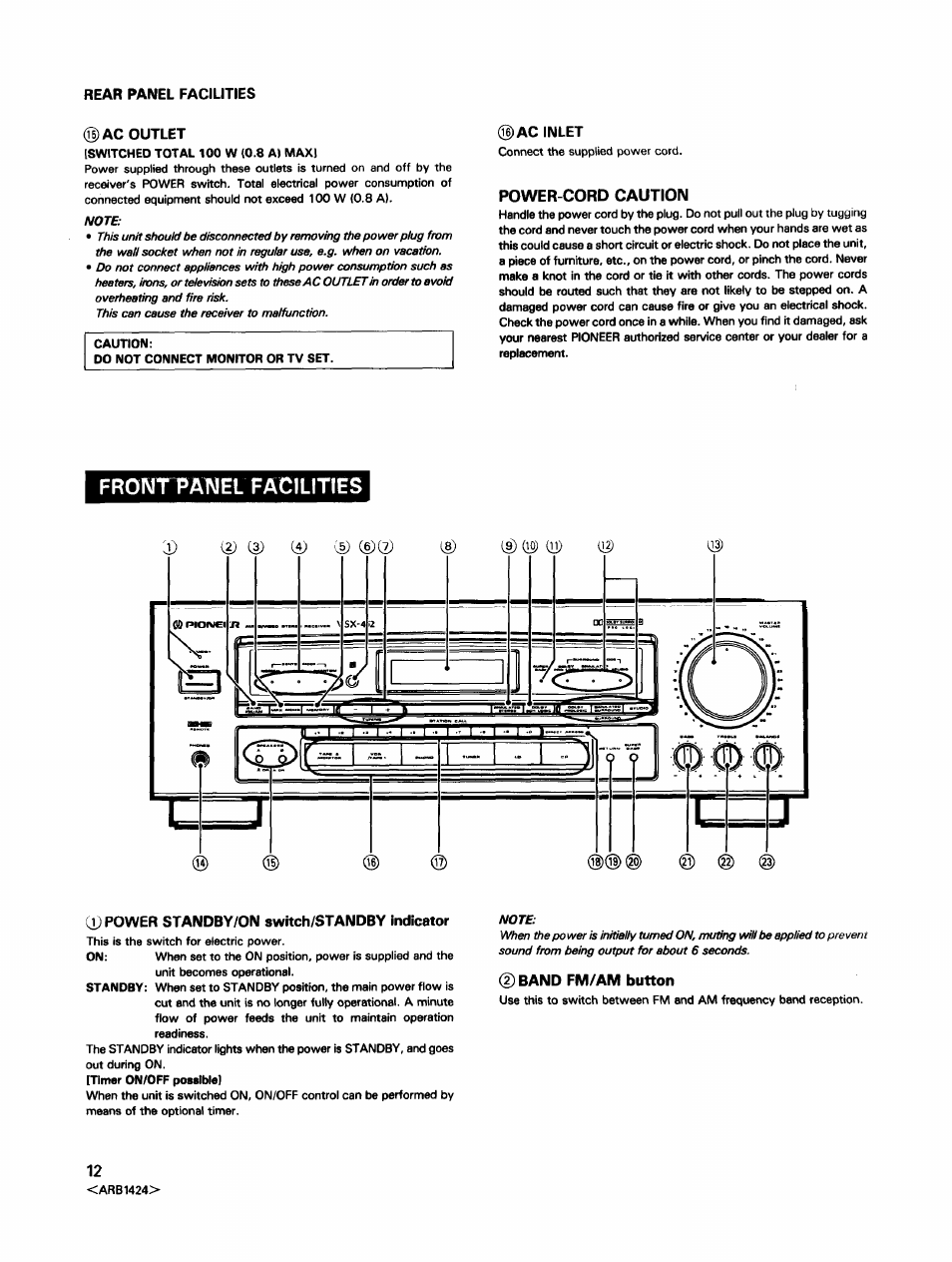 Ac outlet, Ac inlet, Front pa1mél facilities | Cd power standby/on switch/standby indicator, Band fm/am button | Pioneer VSX-452 User Manual | Page 12 / 24