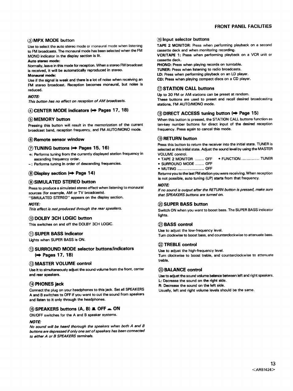 Mpx mode button, Remote sensor window, Simulated stereo button | Dolby 3ch logic button, Super bass indicator, Master volume control, Phones jack, Speakers buttons (a, b) m. off - on, Input selector buttons, Station call buttons | Pioneer VSX-452 User Manual | Page 13 / 24