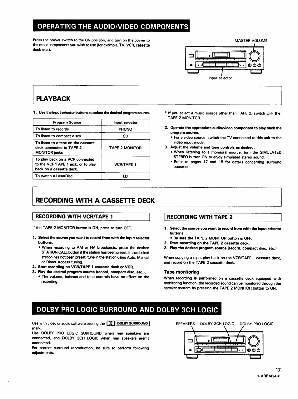 Operating the audio/video components, Playback, Dolby i»ro logic surround and dolby 3ch logic | Pioneer VSX-452 User Manual | Page 17 / 24