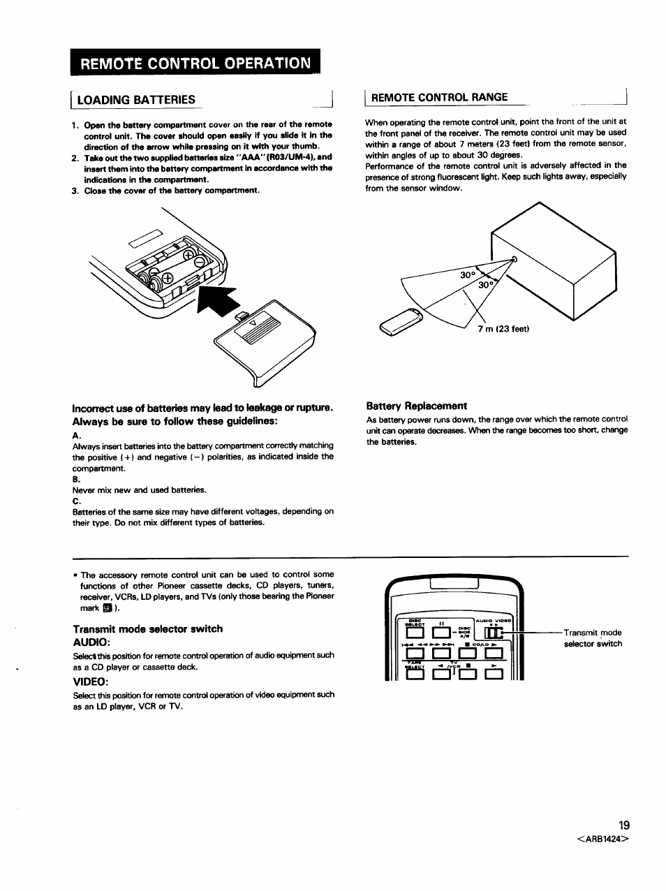 Remoté control operation, Battery replacement, Transmit mode selector switch audio | Video | Pioneer VSX-452 User Manual | Page 19 / 24