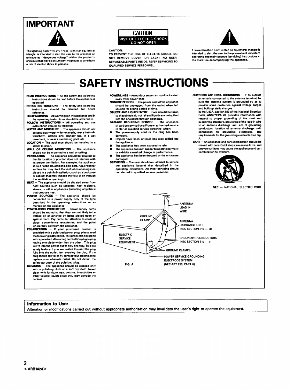 Important, Caution, Information to user | Safety instructions | Pioneer VSX-452 User Manual | Page 2 / 24