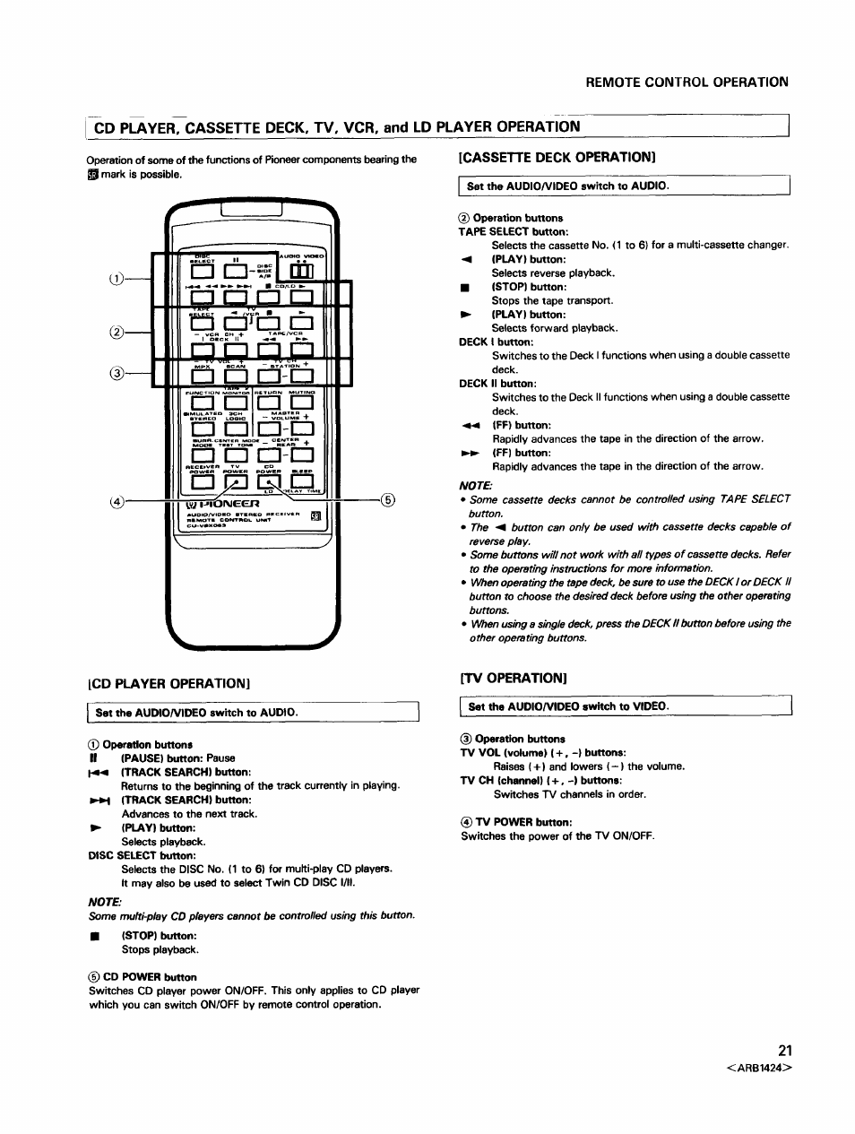 Cassette deck operation, 2) operation buttons tape select button, Cd player operation | Sat the audio/video switch to audio, Stop) button, D cd power button, Set the audio/video switch to video, 3) operation buttons, Tv power button | Pioneer VSX-452 User Manual | Page 21 / 24