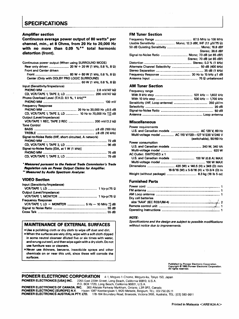 Specifications, Maintenance of external surfaces, Pioneer electronic corporation | Pioneer VSX-452 User Manual | Page 24 / 24