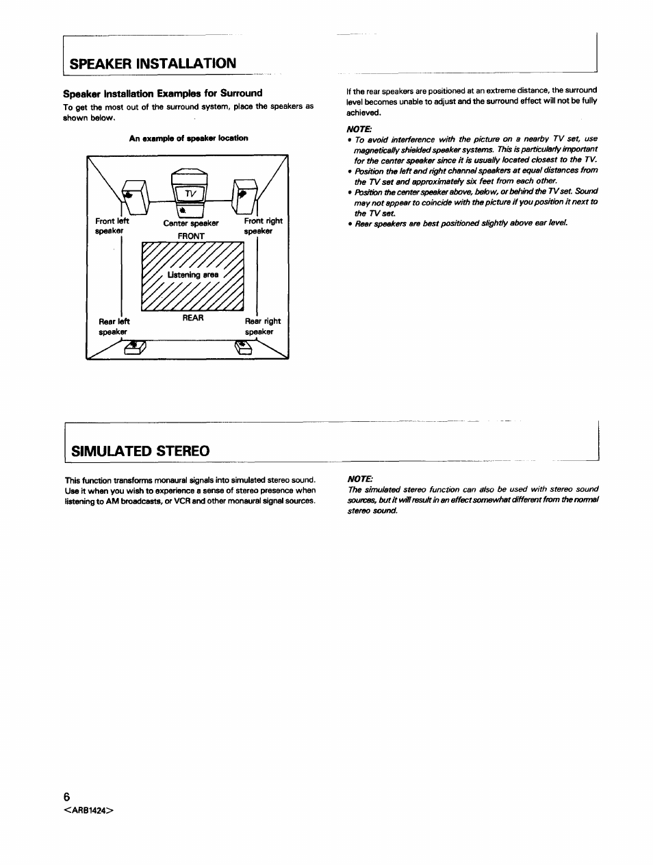 Speaker installation, Speaker installation examples for surround, An example of speaker location | Simulated stereo | Pioneer VSX-452 User Manual | Page 6 / 24