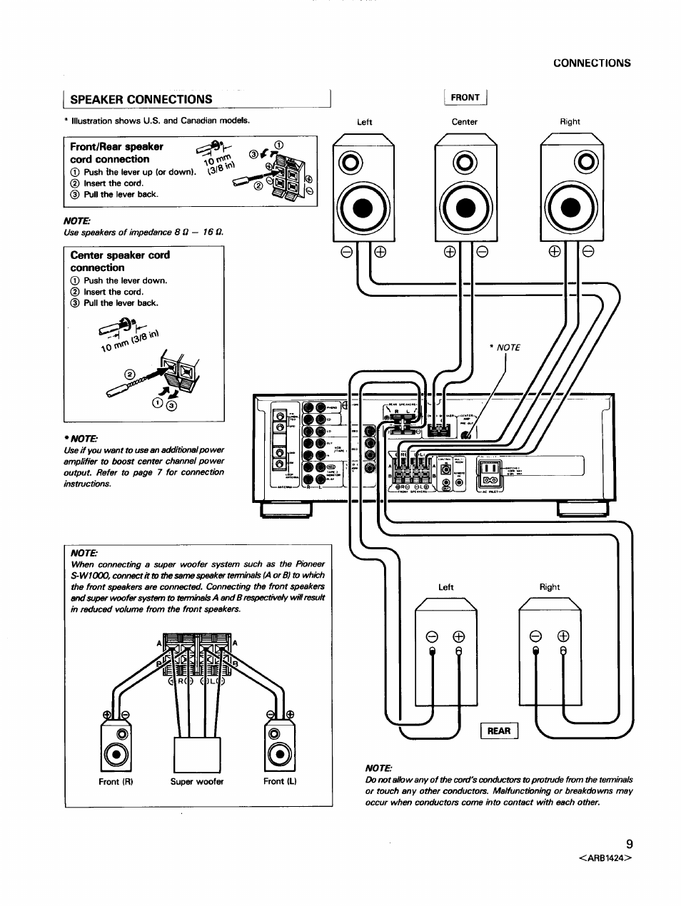 Speaker connections, Front/rear speaker, Cord connection .^o | Center speaker cord connection, Rear | Pioneer VSX-452 User Manual | Page 9 / 24