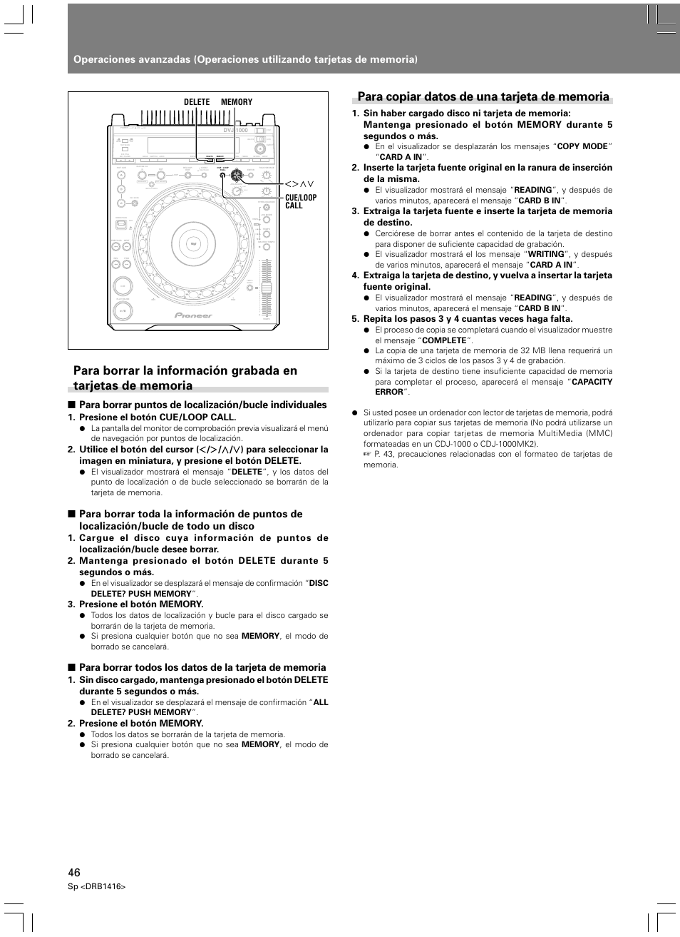 Light heavy, Presione el botón cue/loop call, Repita los pasos 3 y 4 cuantas veces haga falta | Sp <drb1416 | Pioneer DVJ-1000 User Manual | Page 100 / 107