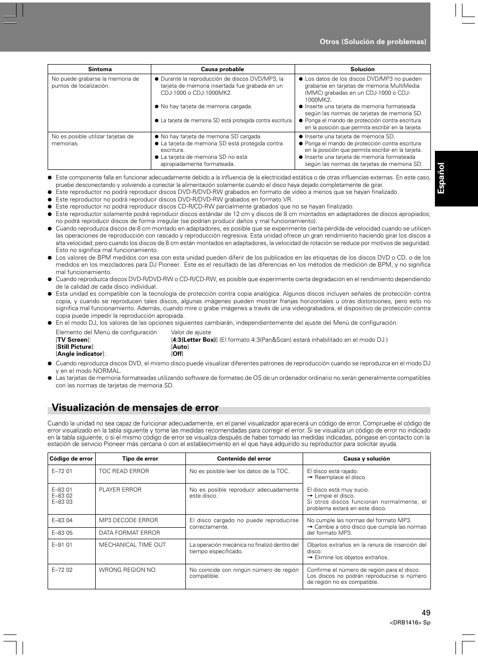 Visualización de mensajes de error, Espa ñ ol | Pioneer DVJ-1000 User Manual | Page 103 / 107