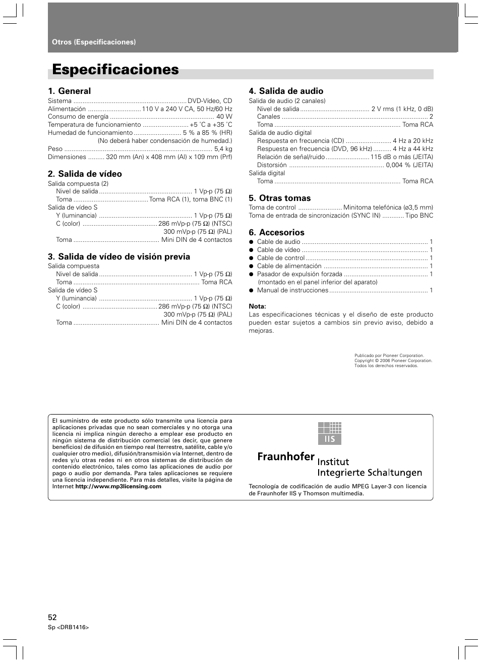 Especificaciones | Pioneer DVJ-1000 User Manual | Page 106 / 107