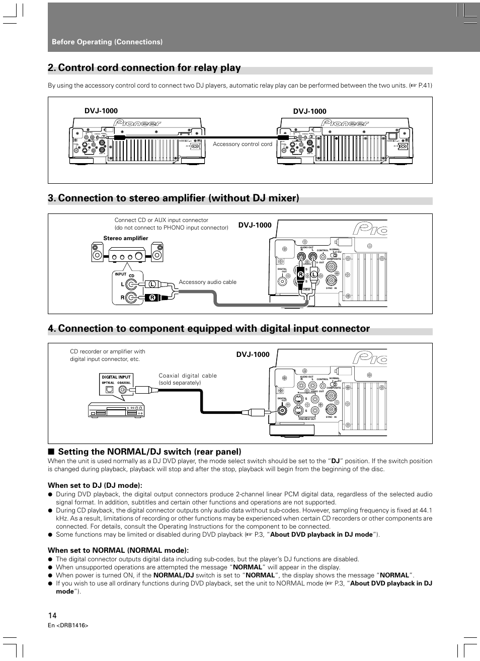 With digital input connector, Control cord connection for relay play, Setting the normal/dj switch (rear panel) | Before operating (connections), When set to dj (dj mode), When set to normal (normal mode), Dvj-1000, En <drb1416, Accessory control cord | Pioneer DVJ-1000 User Manual | Page 16 / 107
