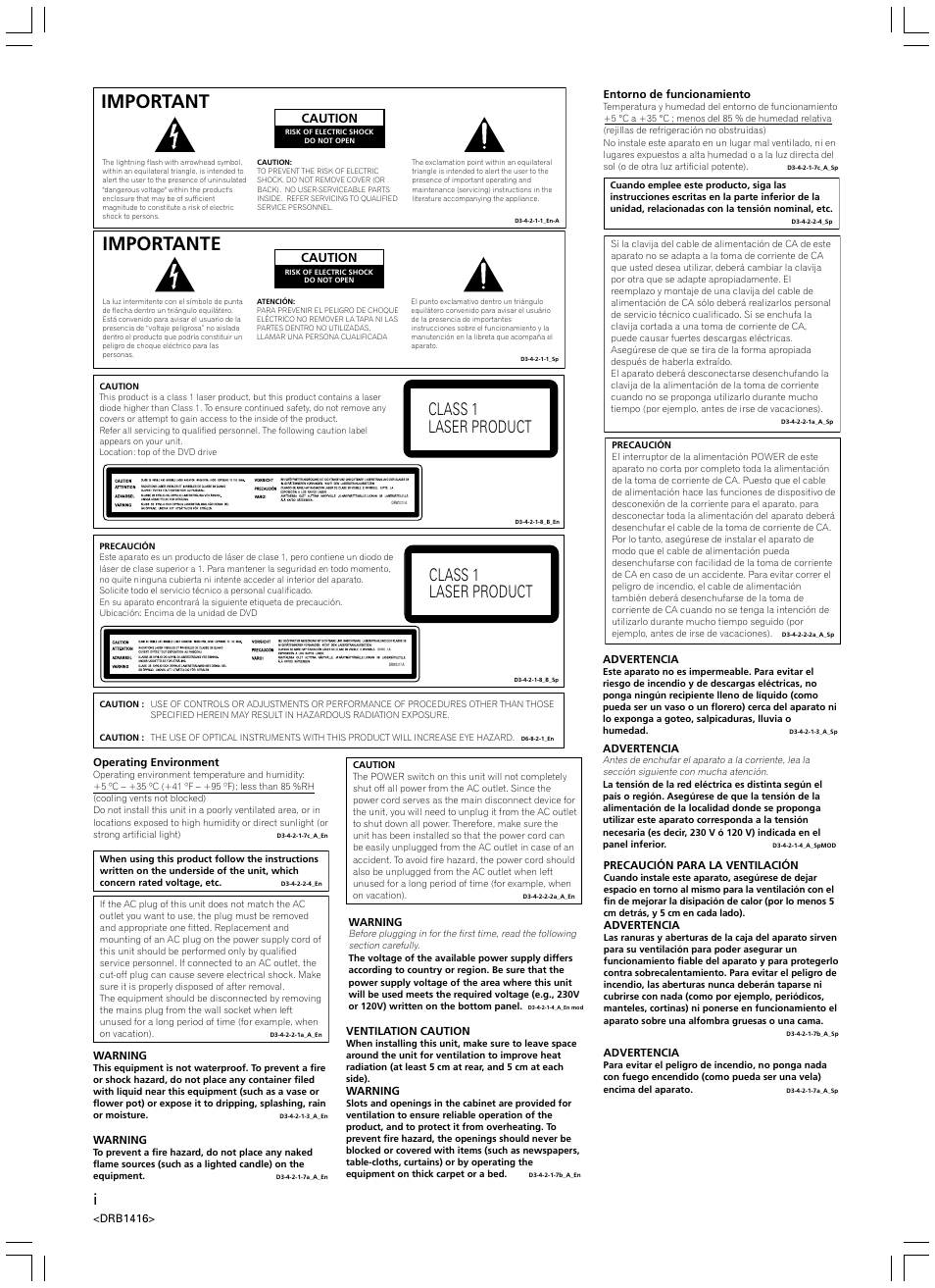 Important, Importante, Class 1 laser product | Caution | Pioneer DVJ-1000 User Manual | Page 2 / 107