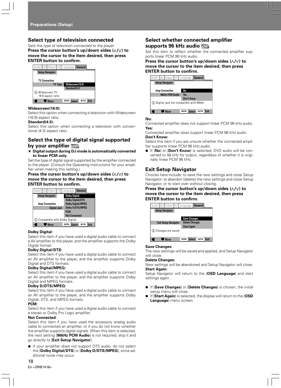 Select type of television connected, Exit setup navigator | Pioneer DVJ-1000 User Manual | Page 20 / 107