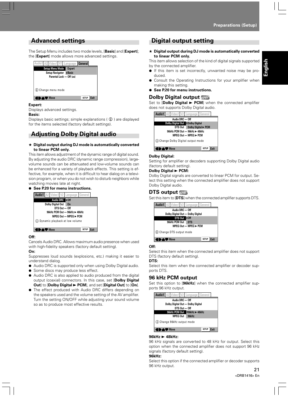 Advanced settings, Adjusting dolby digital audio, Digital output setting | English, Dolby digital output, Dts output, 96 khz pcm output | Pioneer DVJ-1000 User Manual | Page 23 / 107