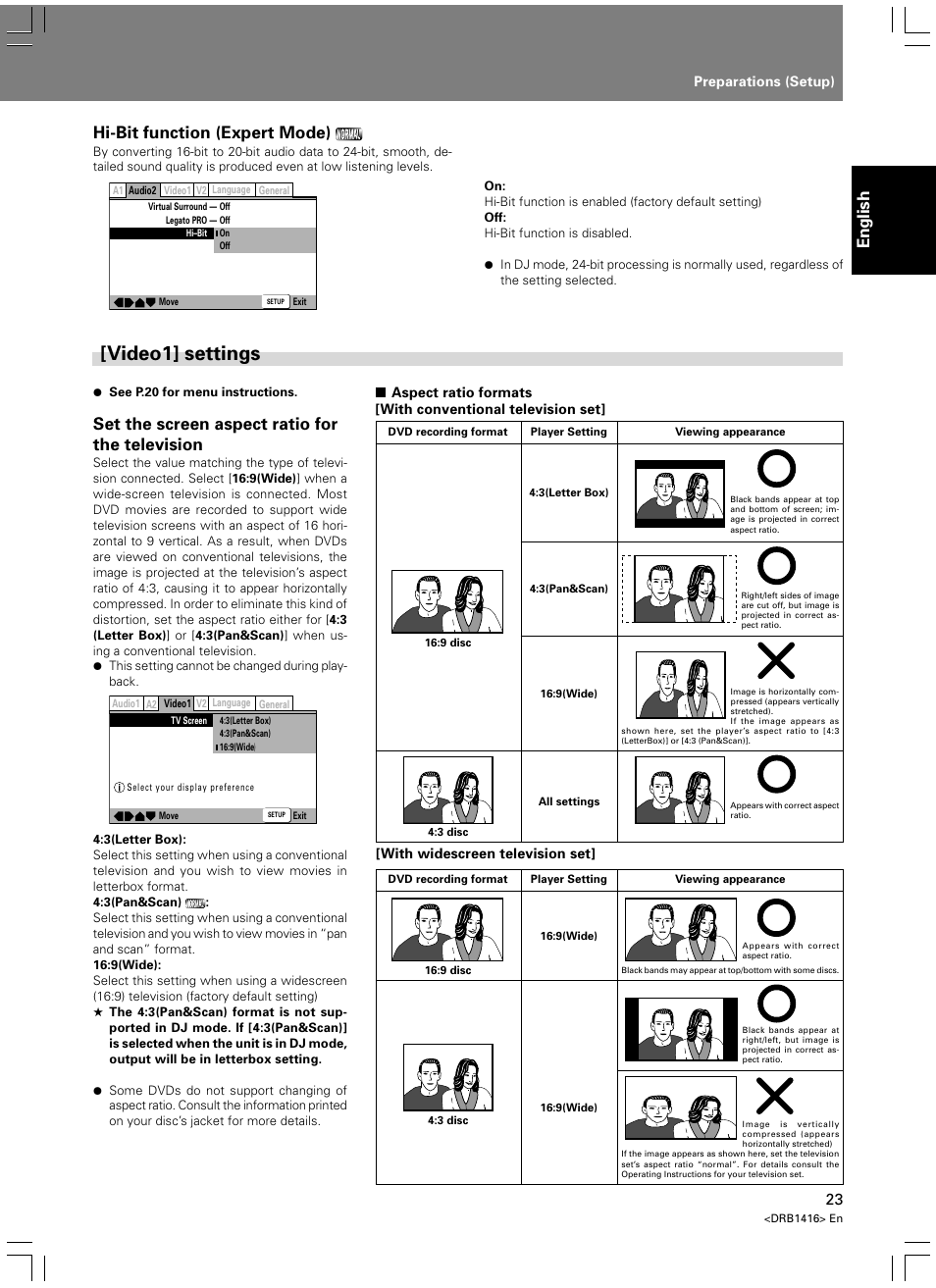 Video1] settings, English, Set the screen aspect ratio for the television | Hi-bit function (expert mode) | Pioneer DVJ-1000 User Manual | Page 25 / 107