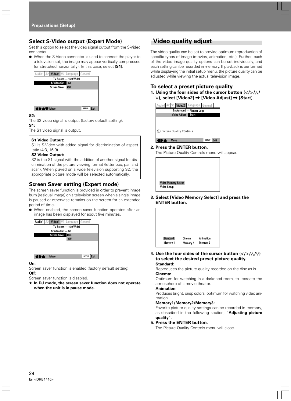 Video quality adjust, Select s-video output (expert mode), Screen saver setting (expert mode) | Pioneer DVJ-1000 User Manual | Page 26 / 107