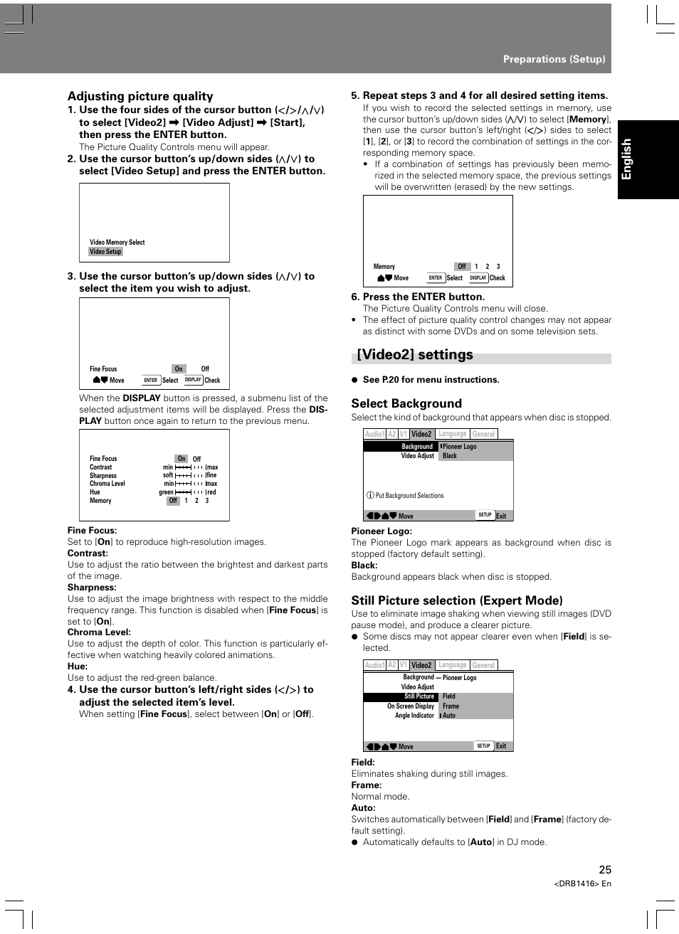 Video2] settings, English, Adjusting picture quality | Select background, Still picture selection (expert mode) | Pioneer DVJ-1000 User Manual | Page 27 / 107